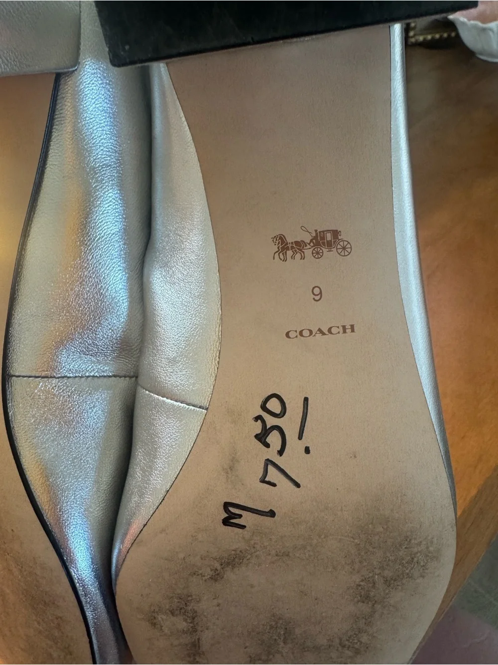 Coach Silver Metallic Low Block Heel Ballet Flats with Bow